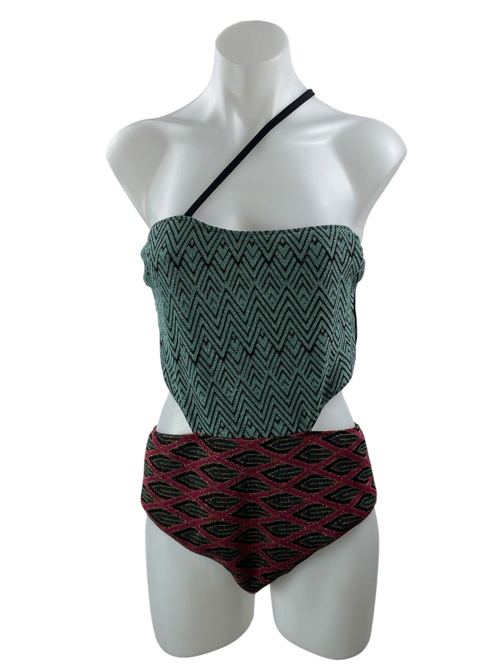 Circus Hotel Green Maroon Chevron Cutout One Piece Beach Swimsuit Swimwear US L